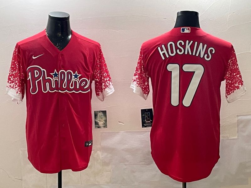 Men Philadelphia Phillies #17 Hoskins Red Fashion 2025 Nike MLB Jersey style 1